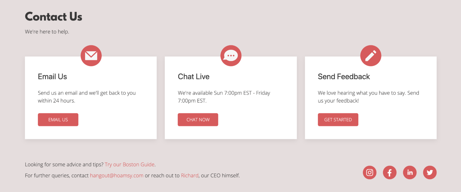 screenshot of hoamsy.com contact page