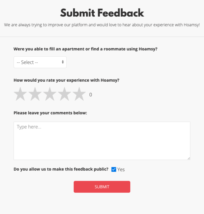 screenshot of hoamsy.com feedback page