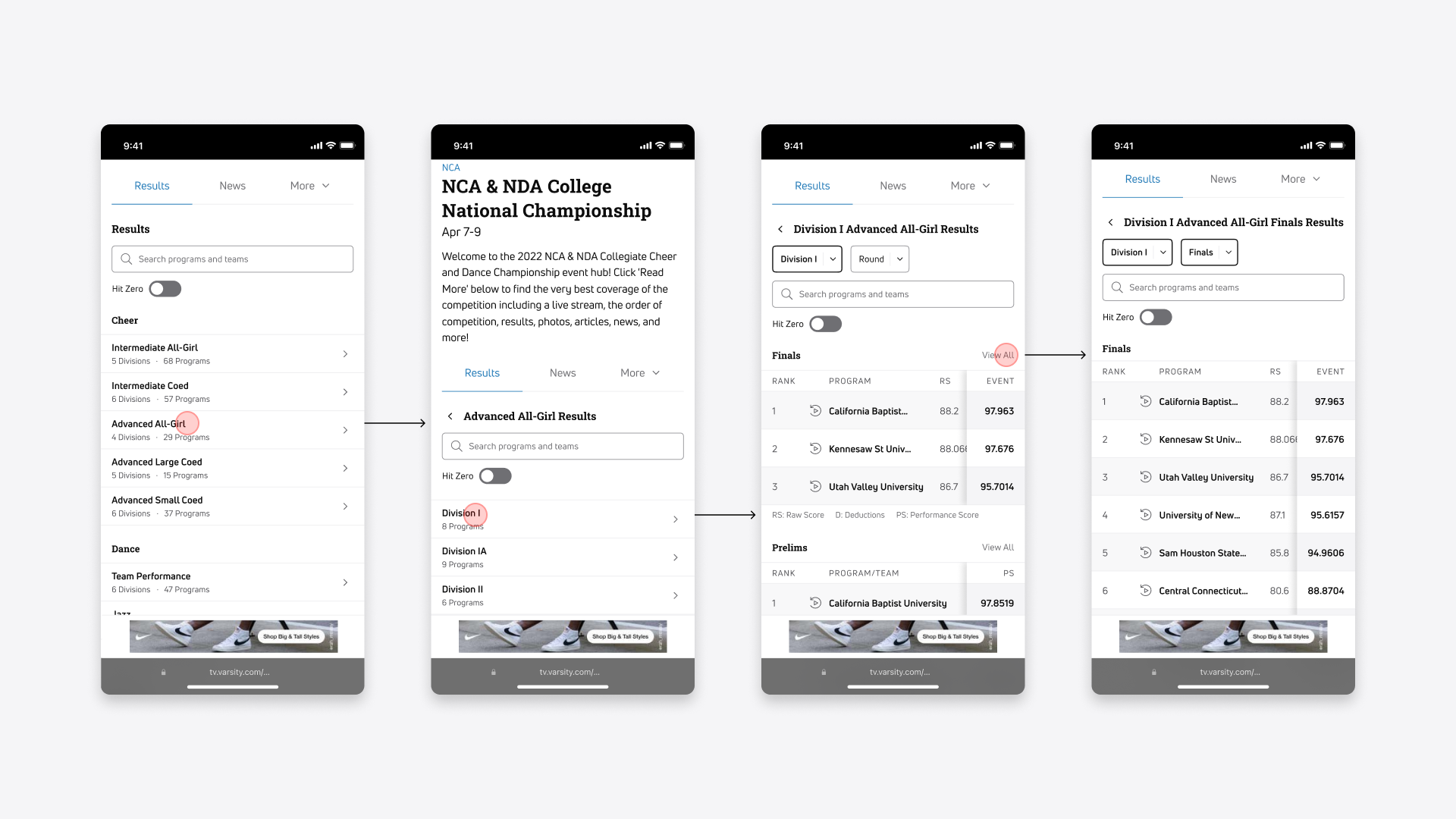 design of the cheer results UX flow